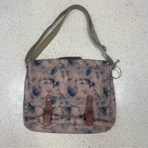 NWOT Mona B Leather and Canvas Messenger Laptop Tote Brown Navy Bag